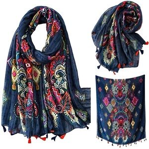 Boho Navy Floral Pattern Scarf with Multicolor Tassels